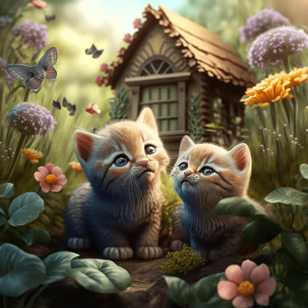 Cottagecore aesthetic Cat Clipart of Two Cats Near a Fairytale Cottage