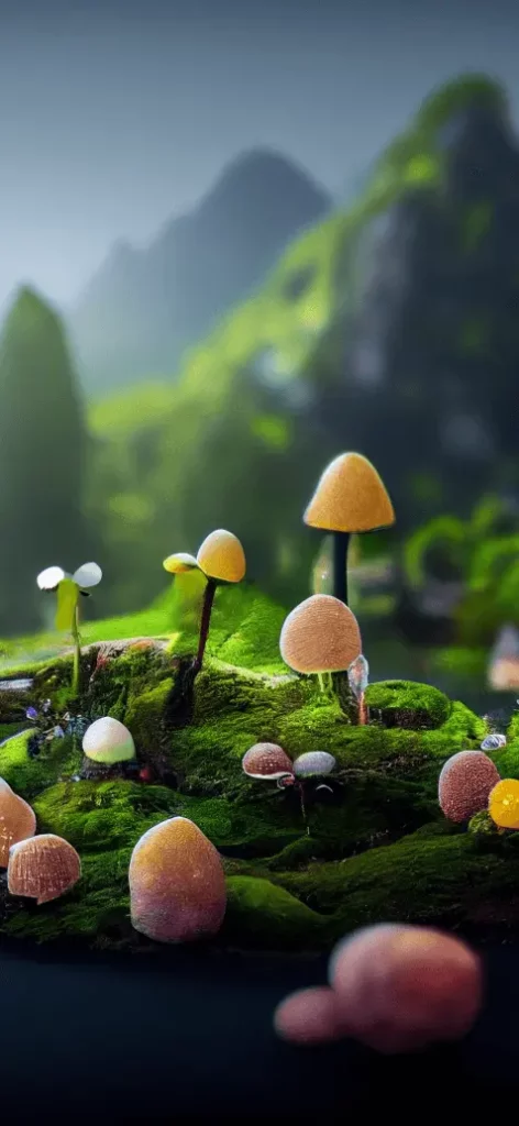 Cute iPhone Wallpaper of Bioluminscent Mushrooms in the Mountains