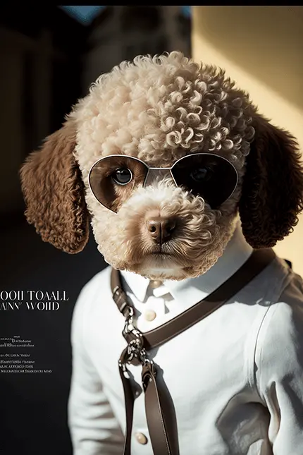 Lagotto Romanolo Puppy wearing white sweater and sunglasses puppy Fashion Photography