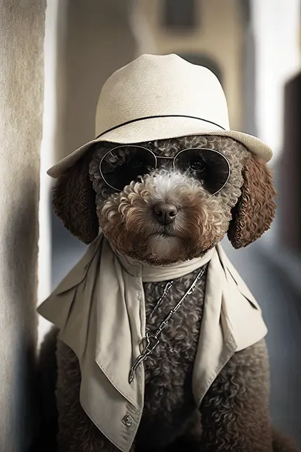 Brown Lagotto Romagnolo Italian Truffle Dog Wearing Hat, Jacket and Sunglasses Dog Clipart