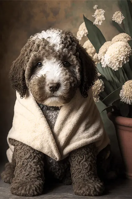 Lagotto Romagnolo Truffle Dog Wearing Coat in Italy with Flowers in Background