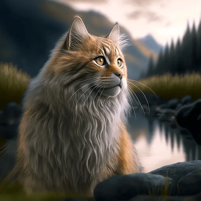 AI Art Generator Image of Norwegian Forest Cat In Mountains with Lake