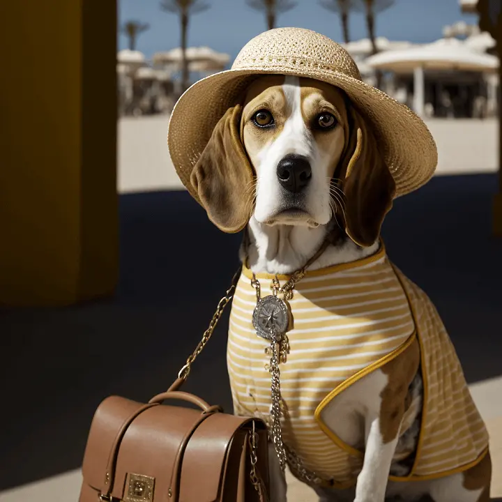 AI Generated Art of Beagle Wearing Sunhat, Yellow Shirt, and Jewelry in Spain