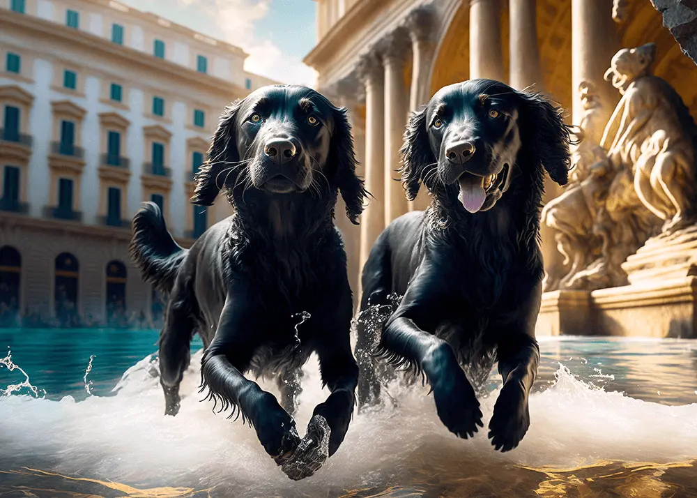 AI Artificial Intelligence Art Generated Flat Coated Retrievers in large fountain