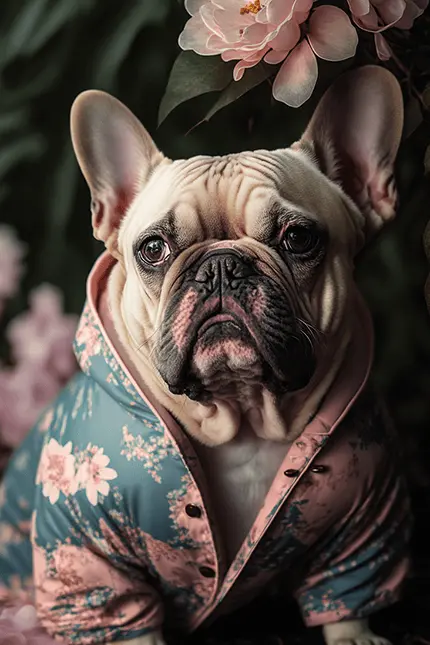 AI Generated Art of French Bulldog In Floral Pink Robe