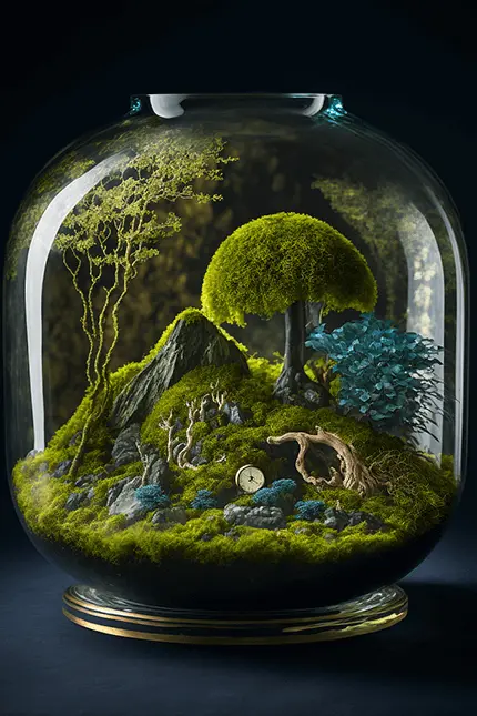 AI Generated Art of Moss Terrarium in Glass Tank