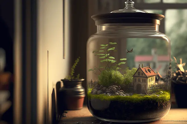 Plant Terrarium with House Decor and Moss in Glass Jar