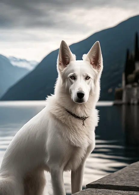 AI Generated Art Photography of A White German Shepherd With Lake and Mountain Background