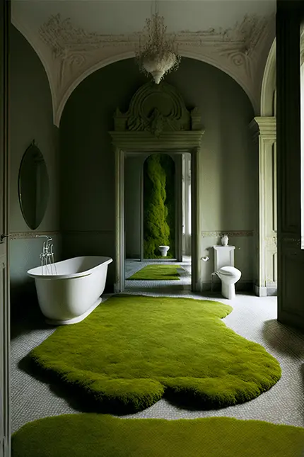 Moss Bath Mat Inside Italian Bathroom with White Tub and Dark Academia Interior Design Aesthetic
