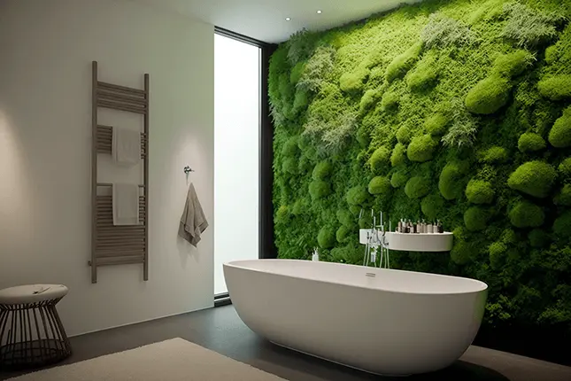 Full Size Moss Wall for Humidity Control In A Bathroom With A White Tub, Glass Door and Bamboo Towel Hanger