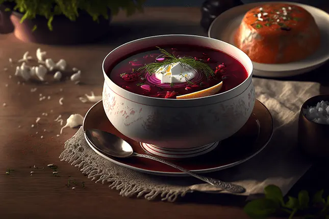 Beet Benefits with White Ceramic Bowl of Beet Soup or Barszcz or Borsch