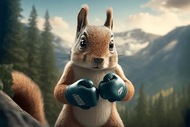Free Clipart of Squirrel Wearing Green Boxing Gloves in a Mountain Forest