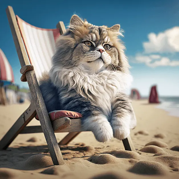 Free Cat Clipart of Grey and White Persian Cat Sitting In A Beach Chair In The Sand