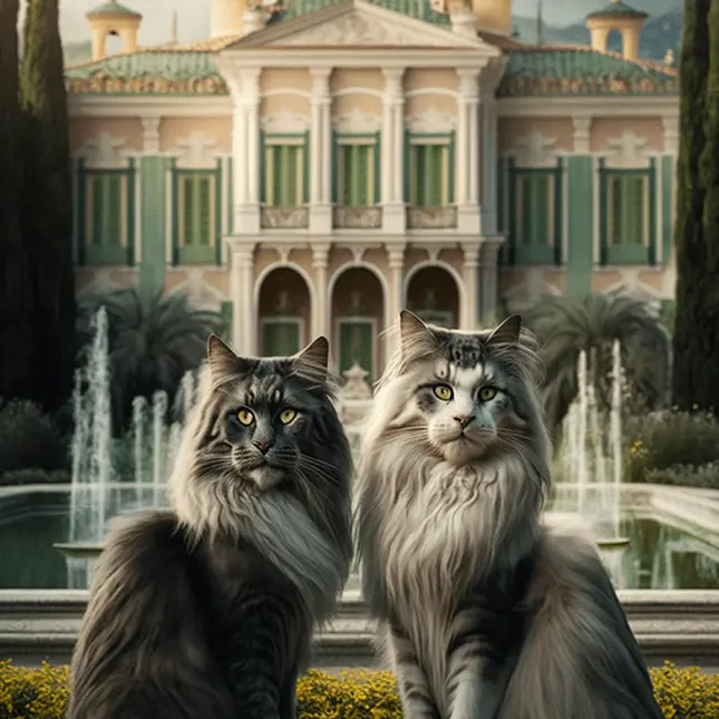 two Maine Coon cats in front of Italian Villa