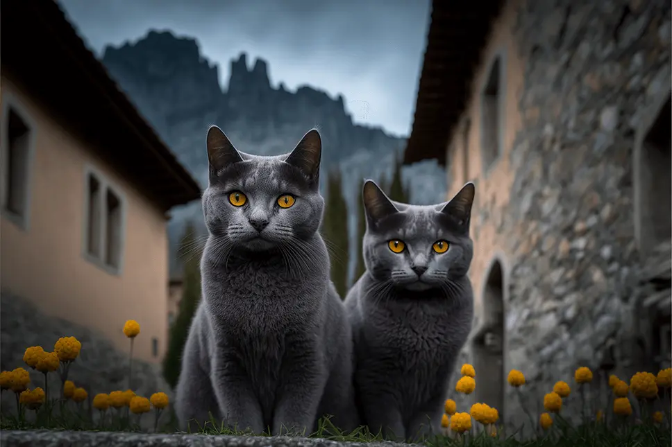 Two Italian Chartreux Breed Cats in the Italian Alps
