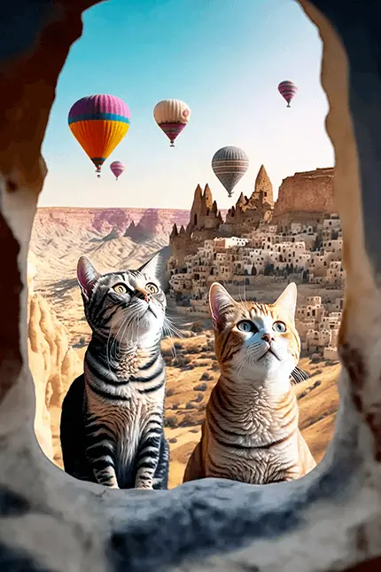 Clipart of Two Cats with Hot Air Balloons