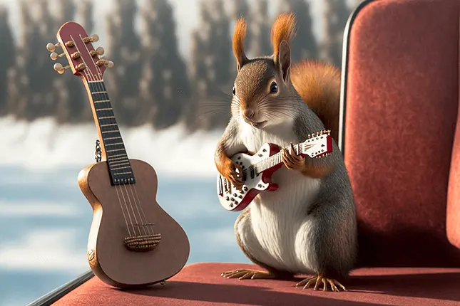 Free Clipart of Squirrel Playing Guitar in A Winter Forest