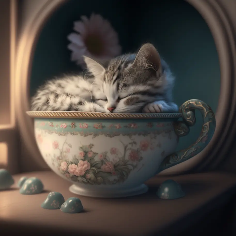 Cute Cat Picture of Sleeping Kitten in Teacup