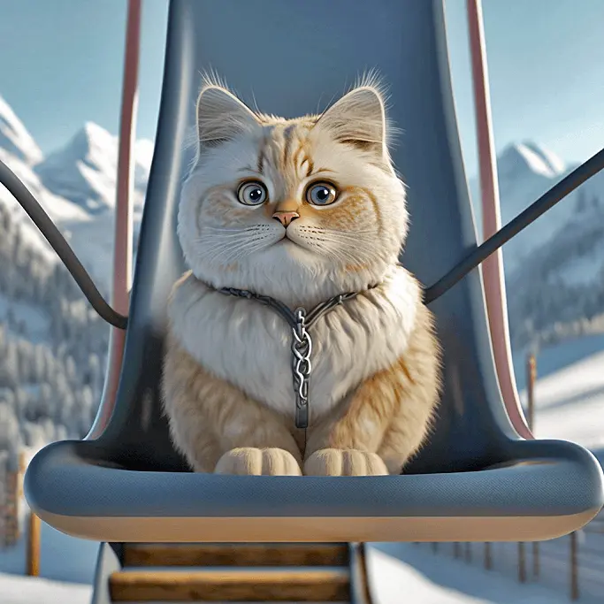 Adorable Orange Cat Riding a Chairlift in the Snowy Mountains with Cute Winter Aesthetic
