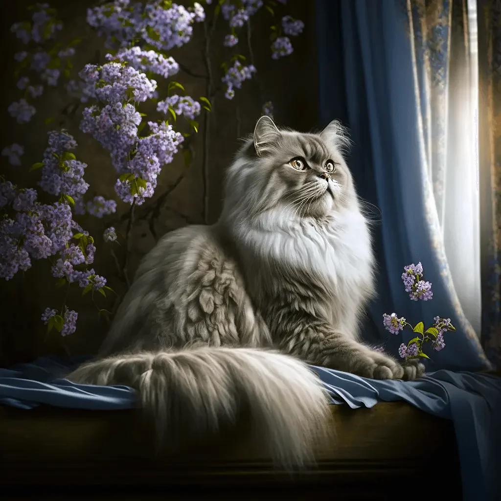 Cute Cat Clipart of British Longhair Cat with Purple Flowers and Blue Curtains