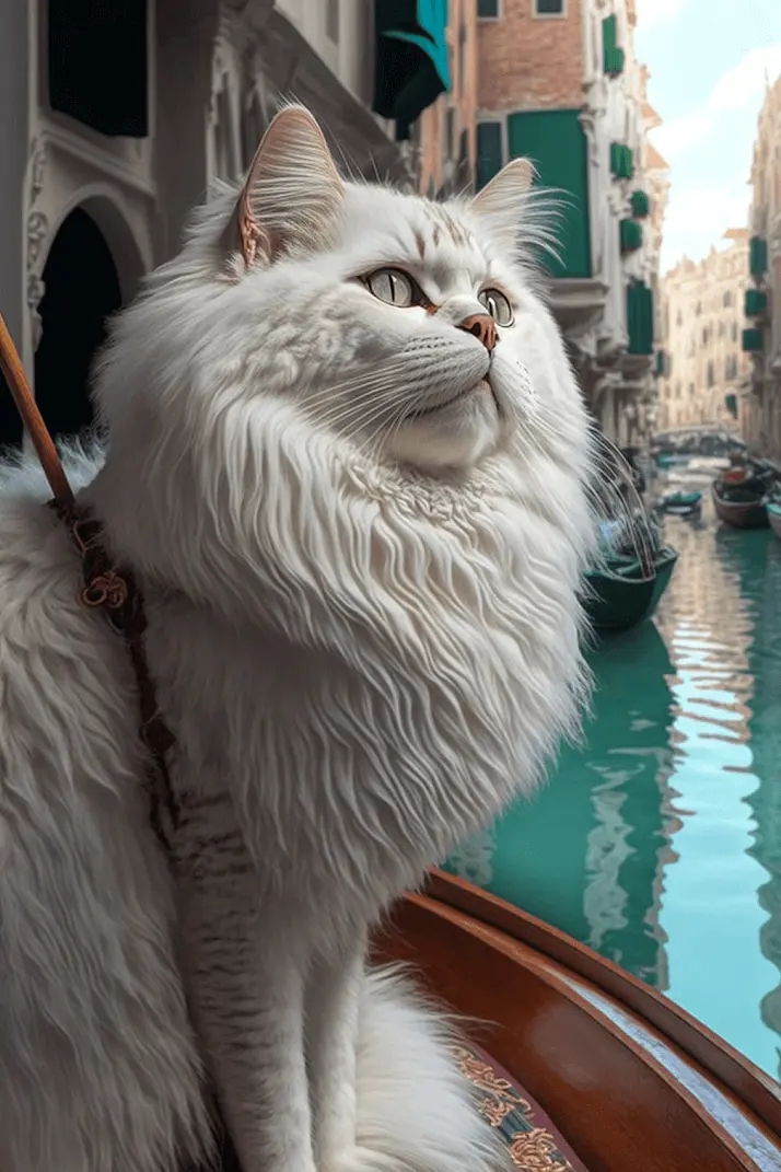 Italian Persian Breed Cat in a Venetian Boat on the Venice Canal in Italy