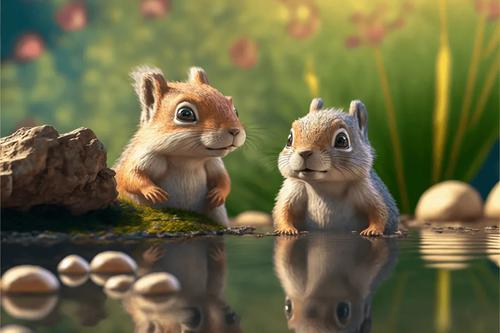 Illustration of Two Cute Squirrels next to a hot spring