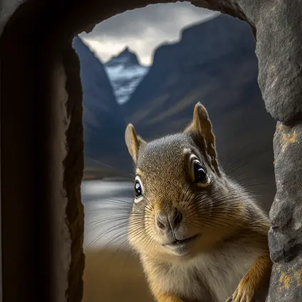 Illustrated Clipart of A Squirrel In A Stone Castle Window with Lake And Snow capped Mountains in the Background