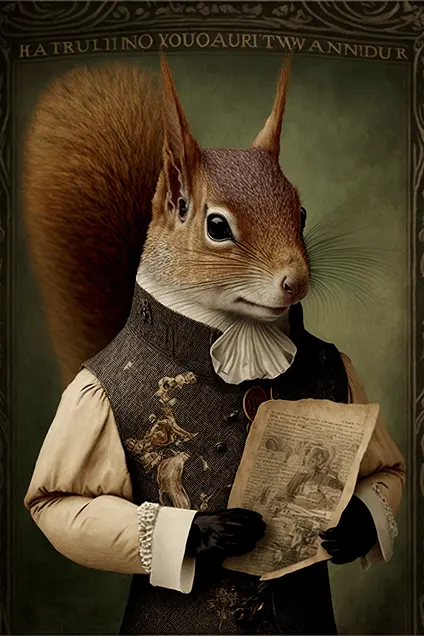 Clipart of a Red Squirrel in Fashionable Renaissance Outfit with Dark Academia Aesthetic