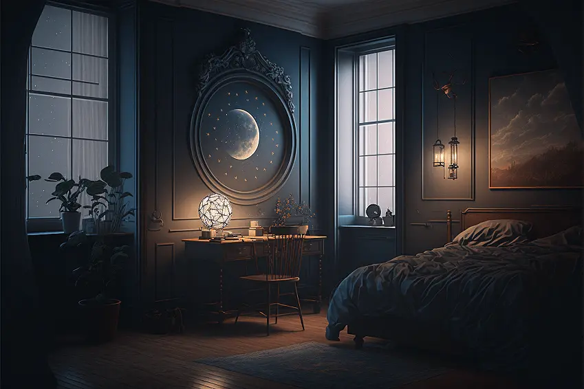 Dark Academia Aesthetic Interior Design Photography of a Celestial Bedroom