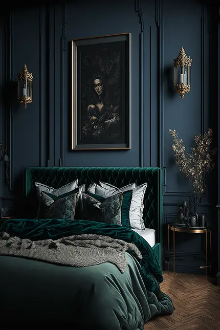 Modern Dark Academia Bedroom with Green Velvet Bed Frame
