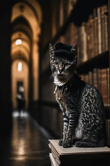 What Is Dark Academia Picture with Italian Gothic Cat in Medieval Library