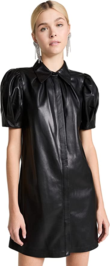 Dark Academia Couture Alice + Olivia Black Vegan Leather Collared neckline and short puff sleeves, Fleece backing