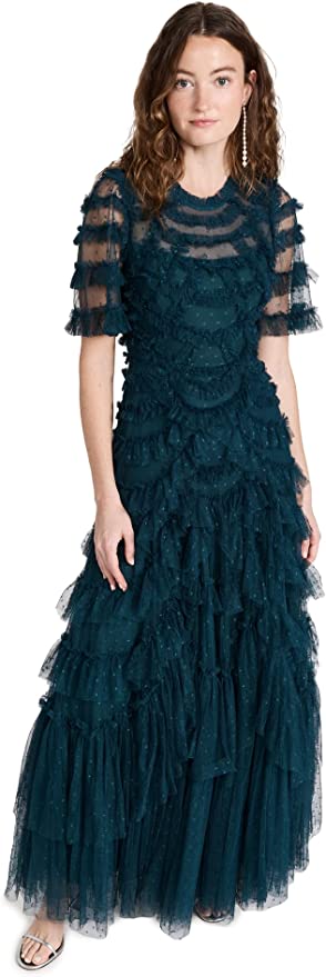 Dark Academia Couture Dress Needle & Thread Women's Marilla Ruffle Gown Dark Green