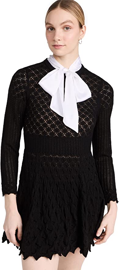 Dark Academia Style Alice + Olivia Black Gin Pointelle Mock Neck Long Sleeve Lace Knit Black Dress with White Bow