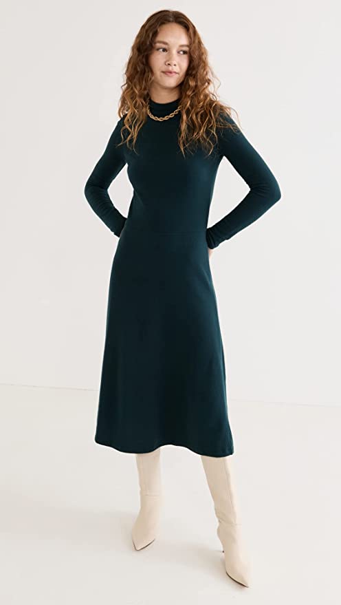 Dark Academia Dress with Mock Neck and Long Sleeves in Dark Green by Vince