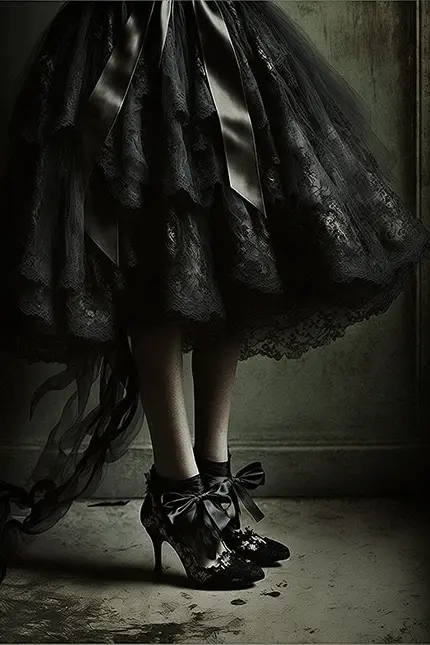 Dark Academia Fashion Black Midi Skirt with High Heels