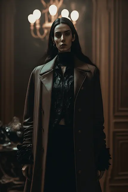 Dark Academia Fashion Aesthetic Photograph of Beautiful Woman Wearing A High Neckline Black Silk Shirt And Brown Leather Coat