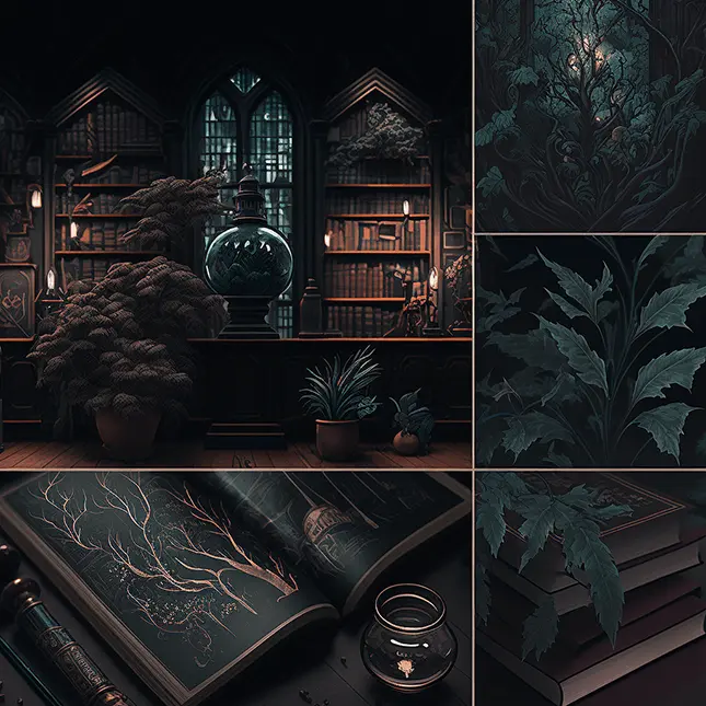 Dark Academia Aesthetic Grid with Plants and Library