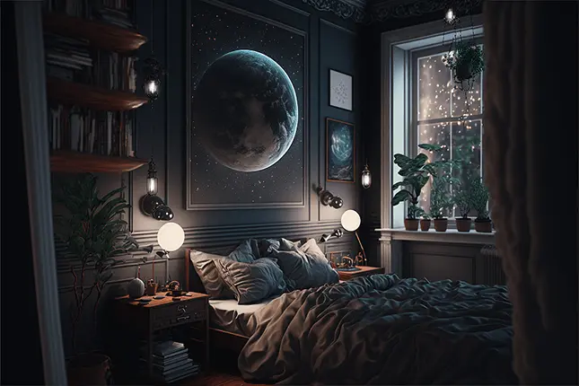 Dark Academia Aesthetic Interior Design Photo of a Celestial Style Bedroom