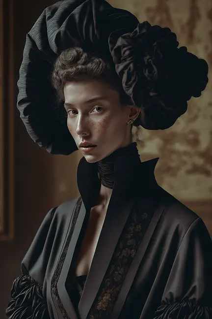 Dark Academia Fashion Photography of Beautiful Woman in Black High Fashion Hat