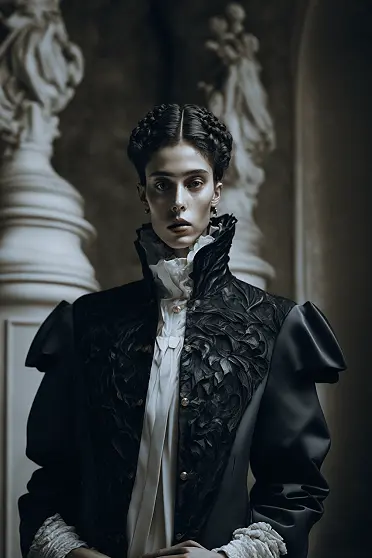 Dark Academia Fashion Photography of Beautiful Woman in White Silk Ruffle Shirt with Black Leather Coat