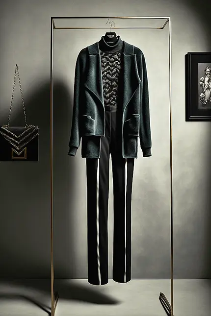 Dark Academia Outfit with Black Pants, Sweater, and Velvet Green Jacket