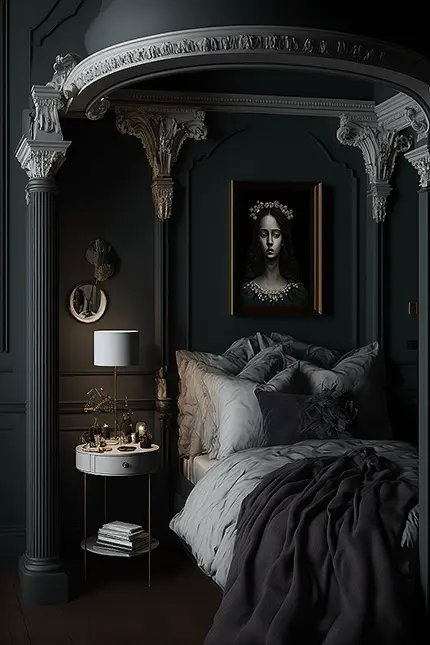 Dark Academia Modern Bedroom with Classical Architecture