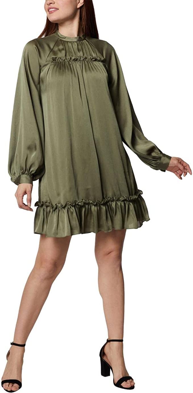 Dark Academia Dress in Olive Green BCBGeneration Women's Satin Ruffled Swing Dress with Blouson Sleeves