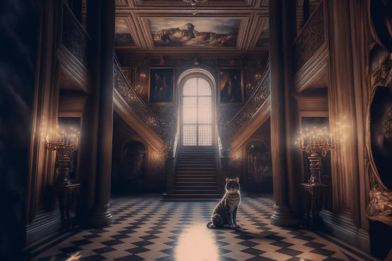 Dark Academia Aesthetic Room with Checkered Floor and Cat