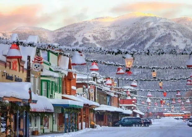 Whitefish Real Estate Best Realtor Downtown Christmas Photograph of Sunset on Main Street with Decorations