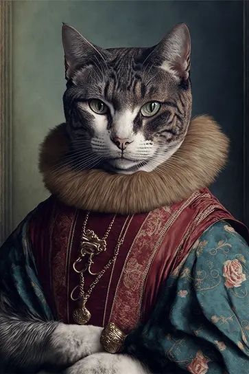 Fancy Renaissance-style AI-generated illustration of an Italian cat in fashionable attire