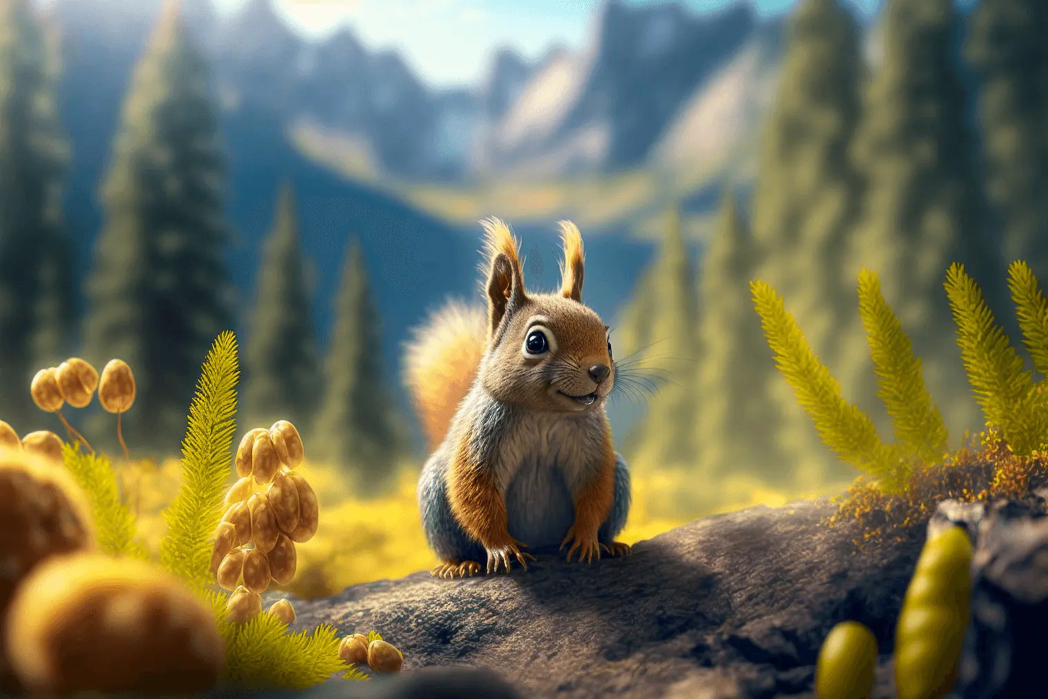 Cute Squirrel Clipart of Illustrated Squirrel on a log in a Woodland with Mountains in Background