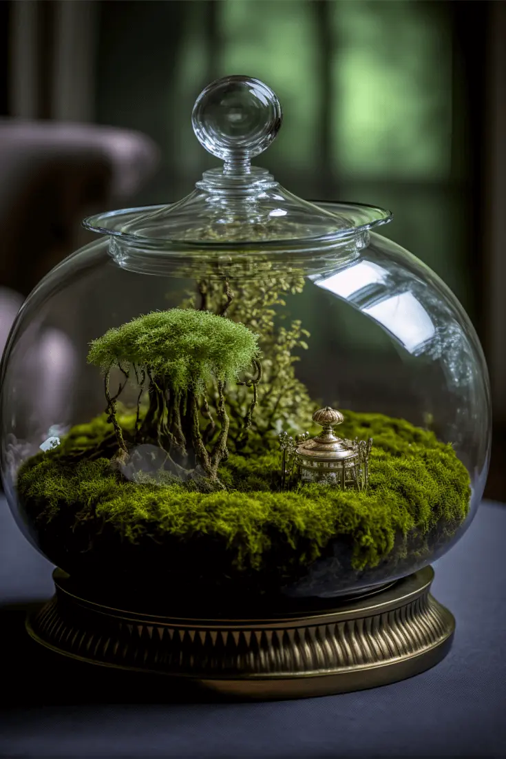Indoor moss growing inside glass terrarium garden on a table top in a room with dark academia aesthetic