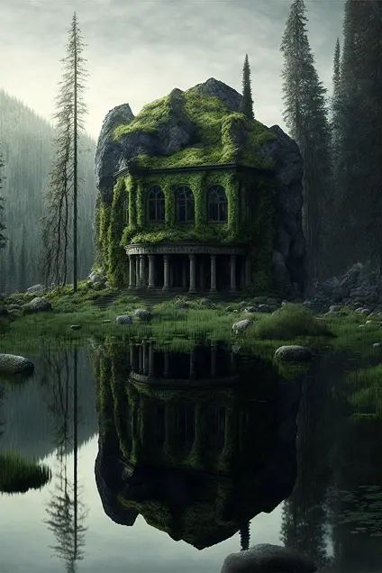 Moss Covered Old Building with Water and Mysterious Dark Academia Aesthetic